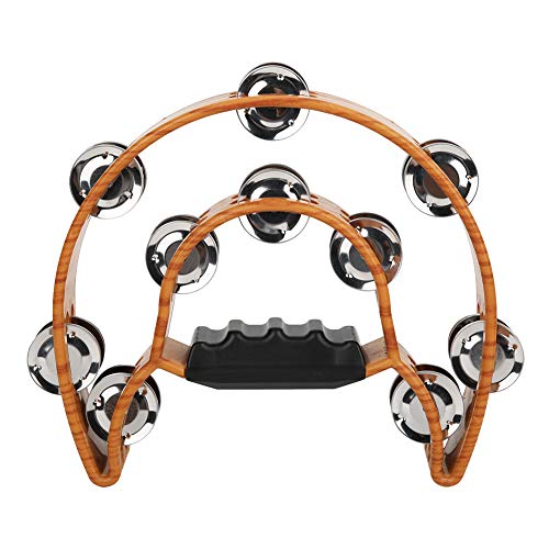 image for Walfront Sturdy Wooden-Style Tambourine with Double Row Jingles & Comf