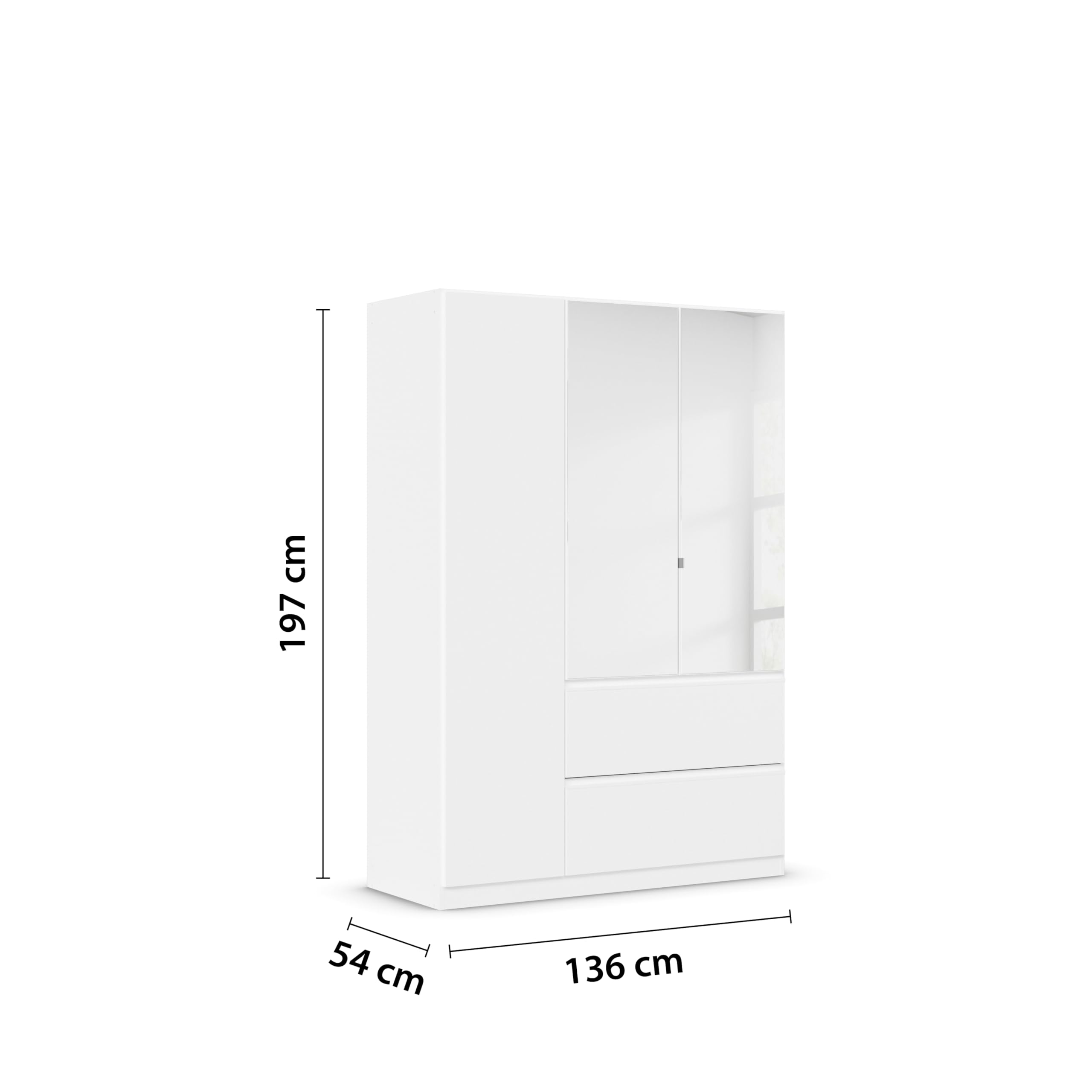 Rauch Möbel Costa, Kleiderschrank für Schlafzimmer, Kinderzimmer, Babyzimmer, Jugendzimmer, Flur, Garderobe 3-türig, Spiegel, 2 Schubladen, Push-to-Open, Farbe Weiß, Breite 136 cm