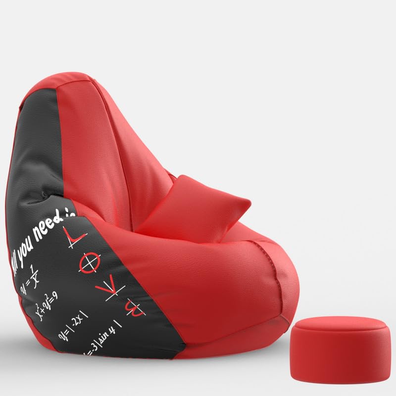 Image of Biggie Bean Bag with Beans Filled 6XL Evergreen Classics Bean Bag-Loud Prints-Soft Landings-Styled with Free Cushion & Footrest (Matching Color : Printed All You Need is Love - Black Red)