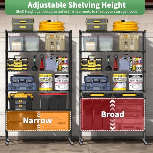 Image of BestOffice Storage Shelves 6 Tier Metal Shelves Adjustable Garage Shelving Wire Shelving Unit Capacity 2100LBS with Wheels for Kitchen, Garage Pantry Closet Commercial,Black