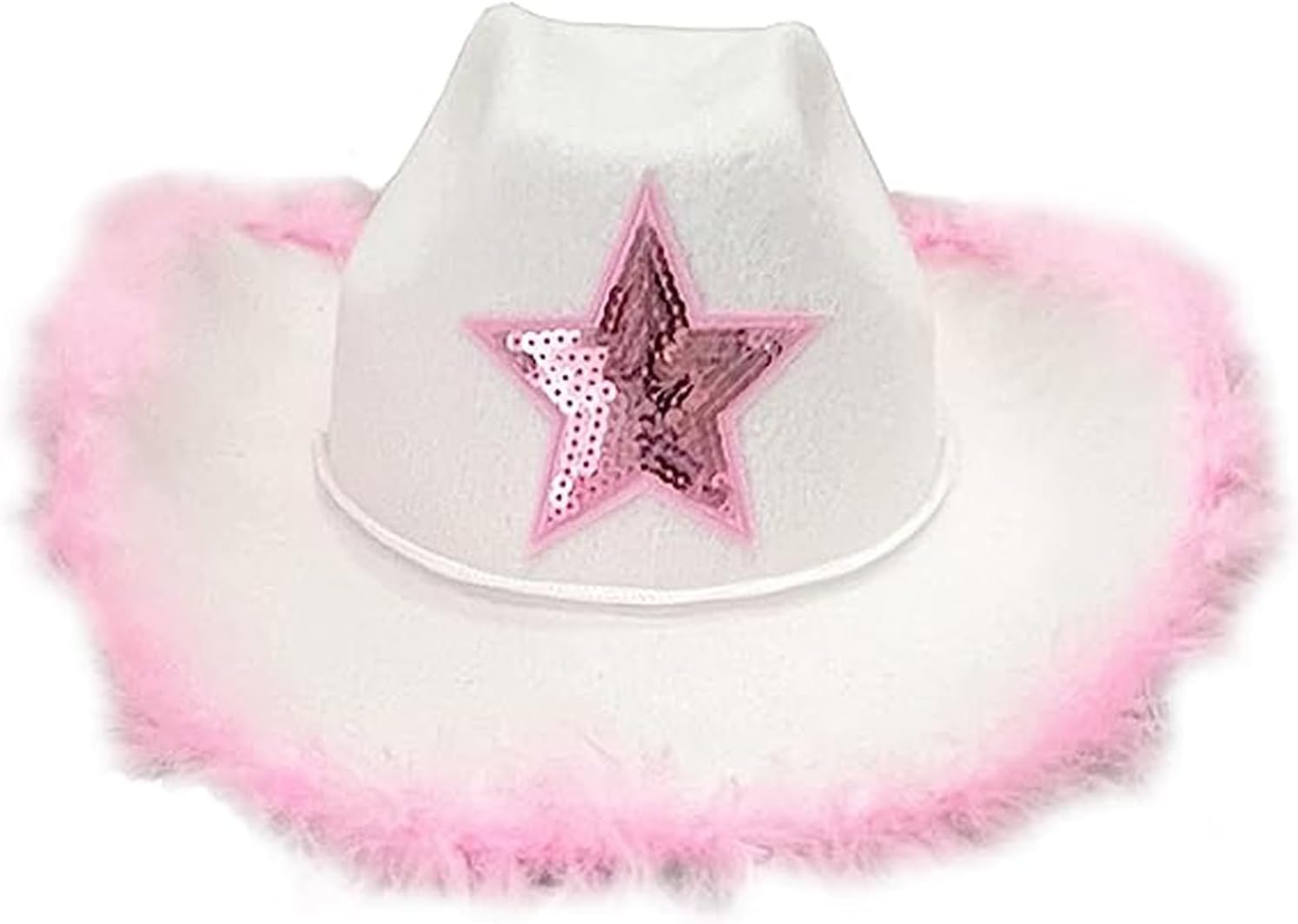 Fiacafyo Women Felt Fluffy Feather Trim Cowboy Hat Wide Brim Fancy Dress Party Cowgirl Hat Halloween Party Fancy Dress Up Cosplay (B-White Pink, One Size)