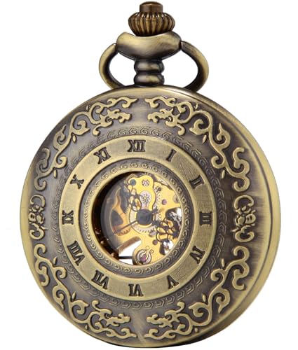 SEWOR Mens Luminous Dial Hand Wind Mechanical Pocket Watch with Brand Leather Gift Box (Stand Up Black) (Brown)