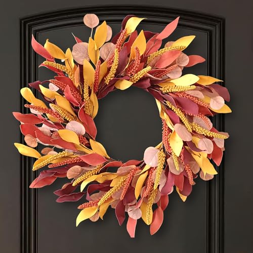 TOKCARE Gold Wheat Wreath 24 inch Fall Wreaths for Front Door, Autumn Wreath Farmhouse Door, Fall Porch Decoration for Wall Outdoor