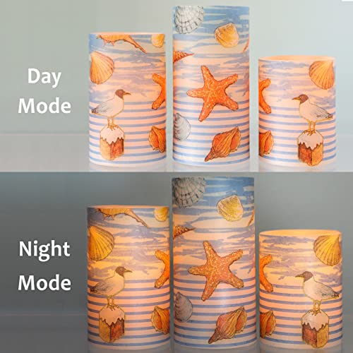 Flavcharm Blue Flameless Candles With Remote - Set Of 3 Beach Theme Seagull Starfish Seashell Desgin Battery Operated Real Wax Pillar Led Candles Decorative For Home Coastal Room Vintage Decor Gifts #TOP4