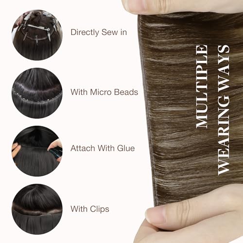 Image of GOO GOO Genius Weft Hair Extensions Human Hair, Sew In Weft Extensions, Seamless Blend & No Bulk Flat, Natural Volume for Women, 4 /26 /4 Balayage Chocolate Brown to Honey Blonde 20 Inch 120g
