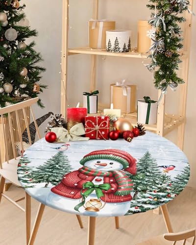 Fitted Tablecloth for Round Table,Snowman Christmas Tree Table Cover with Elastic Edge Waterproof Tablecloth,Winter Snowflake Pine Cones Farm Plank Circle Covers for Kitchen 36-44in