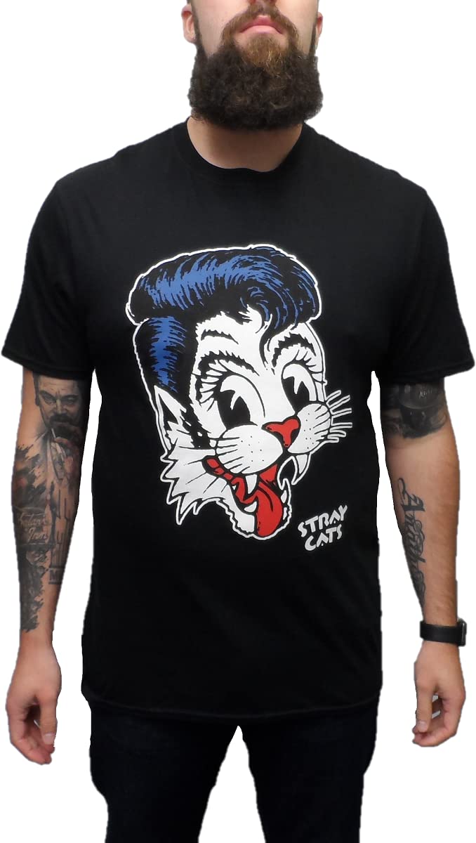 Mazeys Mens Stray Cats Retro T Shirts (Small, Logo Black)