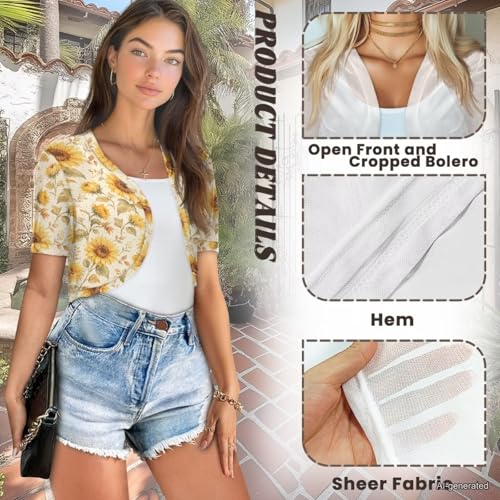 Image of Womens Short Sleeve Cardigans Lightweight Summer Cardigan Trendy Bolero Shrug Cute Floral Cardigan Sheer Bolero