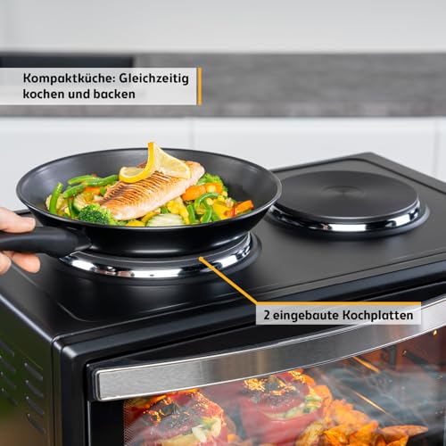 TZS First Austria - Minibackofen mit Kochplatten 45L 3200 W - Mini Backofen Pizzaofen mit Herdplatten bis 230°C & Antihaftbeschichtung - Miniofen Kombigerät mit 4 Einschubhöhen & hochwertigem Zubehör