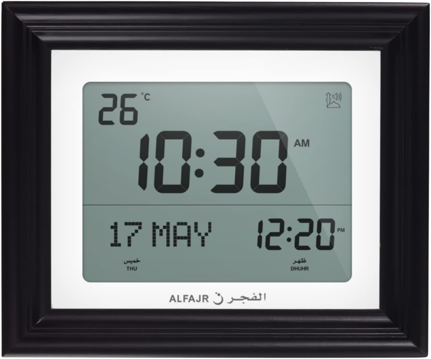 ALFAJR Automatic Worldwide Digital Azan/Athan/Nimaz Prayer Wall and Desk White Clock CF-19 with Detachable Frame (Black)