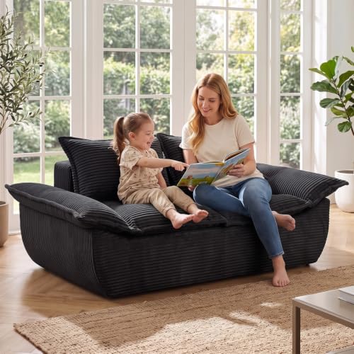 AOLVDOW 56" Boneless Loveseat Sofa, 2-Seater Black Boneless Sofa with Removable Cushions & 2 Pillows, Small Couch Boneless Compress Foam Sofa for Living Room, Apartments, & Office