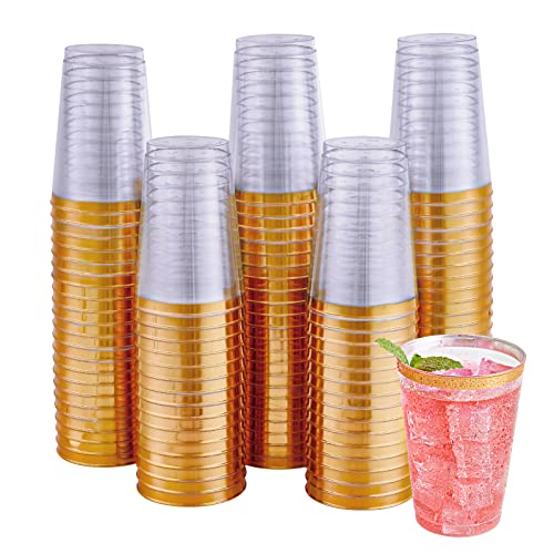 100 PACK Gold Plastic Cups,12 Oz Clear Plastic Cups Tumblers, Elegant Gold Rimmed Plastic Cups, Disposable Cups With Gold Rim Perfect For Wedding,Thanksgiving Day, Christmas Party Cups