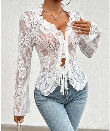 Image of xxxiticat Women's Long Sleeve Lace Top V Neck Ruffle Trim Hollow Out Front Open See Through Floral Tie Up Cardigan Shirt