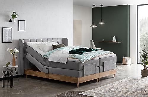 Belanoti EON Boxspringbett 180x200 elektrisch verstellbar 7-Zonen Taschenfederkern Matratze inkl Visco Topper Bett 180x200 mit Motor in der Farbe Hellgrau H2/H3 Polsterbett Motorbett mit Massivholz