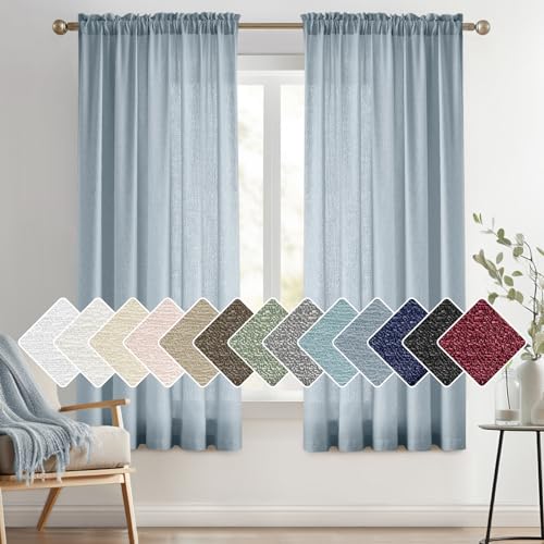 Image of Melodieux Semi Sheer Curtains with Tiebacks - Short Curtain 45 Inch Length, Rod Pocket, Semi Sheer Light Filtering, Shiny Linen Look Half Transparent Drape for Bedroom, Kitchen, 52 inchW x 45 inchL, 2 Panels