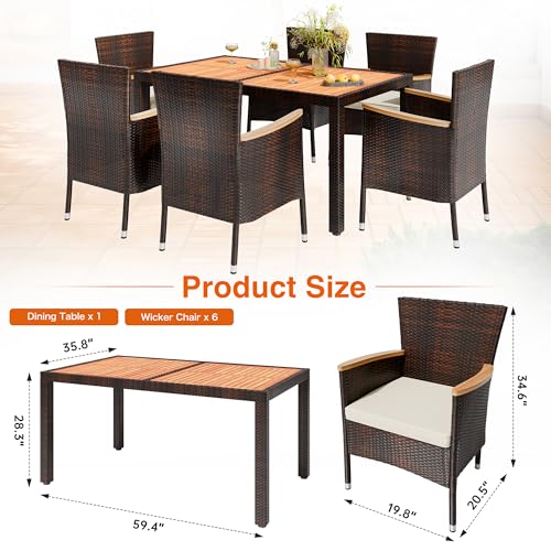 Image of Shintenchi 7 PCS Patio Dining Set, Wicker Patio Conversation Set with Wooden Table Top, Outdoor Table and Chairs with Soft Cushions for Backyard, Deck and Garden, Brown Wicker
