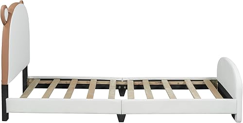 Miniatura 5 de Bellemave Cama de plataforma tapizada de tamaño individual con bolsillos en forma de oso para cabecero y estribo, marco de cama tapizado de piel