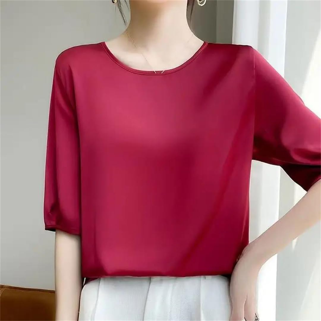 Camicetta estiva da donna in raso, ampia, a mezza manica, casual, tinta unita, con scollo rotondo