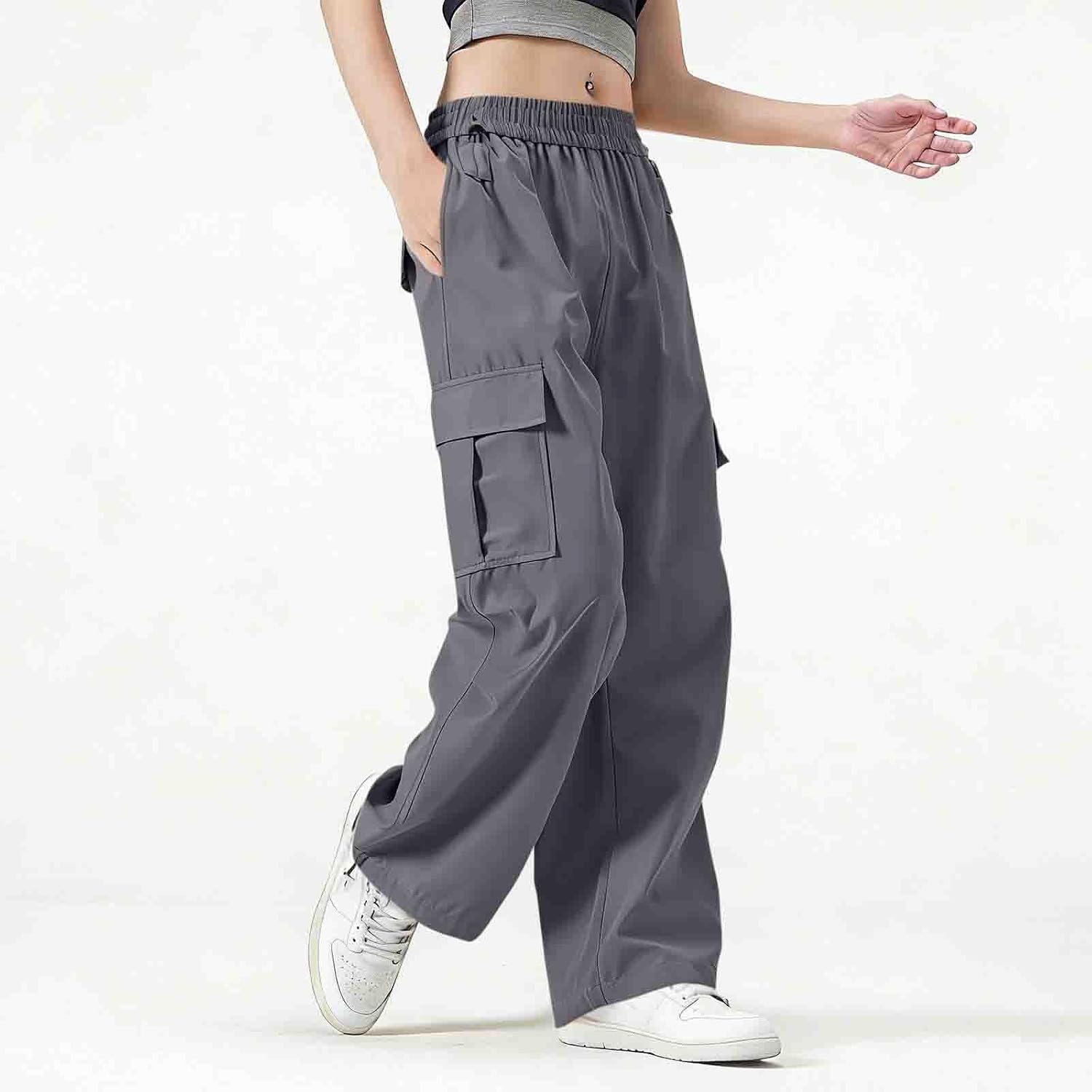 Cargo Pants for Women High Waist Wide Leg Loose Casual Pants with Pockets Stretchy Drawstring Baggy Y2K Trousers
