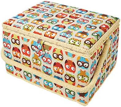Large Sewing Box, Multi-coloured Owl Pattern Printed Fabric, 32 x 25 x 20cm
