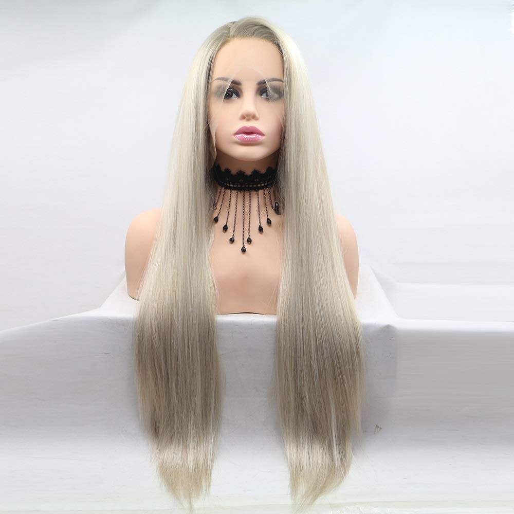 Perruque lacé avant cheveux raides longs et blonds dorés en fibre synthétique