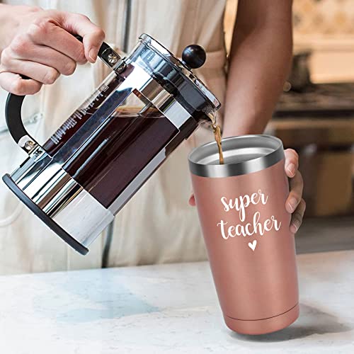 Teacher Appreciation Gifts For Women, Super Teacher Stainless Steel Insulated Travel Tumbler, Christmas Birthday Teacher’s Day Thank You Gifts For Teacher Tutor Professor Women (20 Oz, Rose Gold) #TOP3