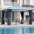 Raysfung 10'x12' Hardtop Gazebo, Outdoor Polycarbonate Roof Gazebo with Metal Frame Permanent Pavilion with Netting& Curtains for Garden, Patio, Lawns