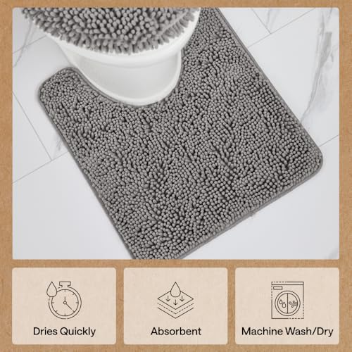 Image of Gorilla Grip Plush Absorbent Shaggy Chenille Bath Rug Mat for Toilet Base with Rubber Backing, Machine Washable, Microfiber Bathroom Contour Mats for Toilets, Bath Room Decor, Square, 22.5x19.5, Grey