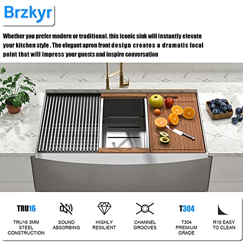 33" Stainless Steel Farmhouse Sink-Brzkyr 33"X22" Kitchen Apron Front Workstation Ledge Sink, 16 Gauge Handmade Luxury Single Bowl Farm Sink Rust Resistant #TOP1