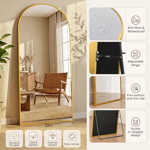 Image of Full Length Mirror, 71 inchx32 inchArched Floor Mirror Freestanding, Floor Standing Full Body Mirror with Stand for Bedroom, Hanging Mounted for Living Room Cloakroom
