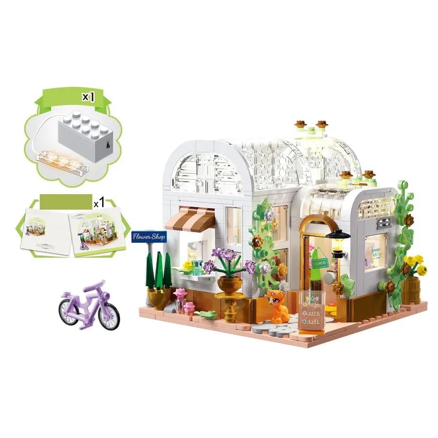 Image of SKY LINE OCEAN Kids Glass Flower Shop Building Blocks Set (561+ Pieces) with LED Lights | Creative DIY Construction Toy | Educational STEM Kit | 6-Month Structural Warranty | Gift for Boys & Girls
