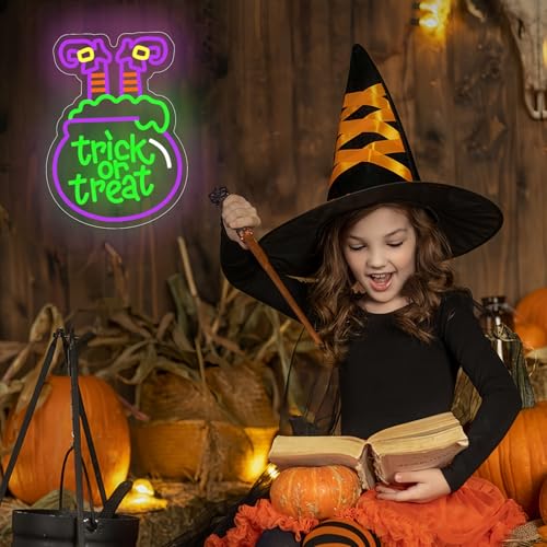 Image of Trick or Treat Neon Sign for Wall Decor Dimmable Witch Halloween Led Sign Trick or Treat Neon Lights for Windows Halloween Party Decor