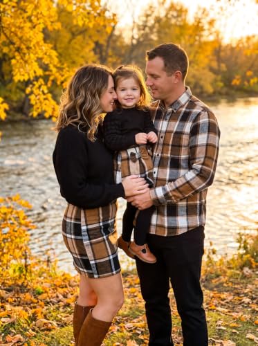 Image of Noubeau Toddler Girls Plaid Outfits Girls Puff Sleeve Knit Ribbed Shirt Tops Plaid Skirt Set Kids Fall Winter Clothes