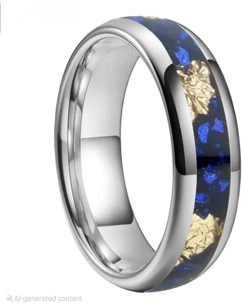 6MM Men Women Tungsten Carbide Ring Band Blue Crystal Stone And Gold Foil Inlaid Comfort fit Ring