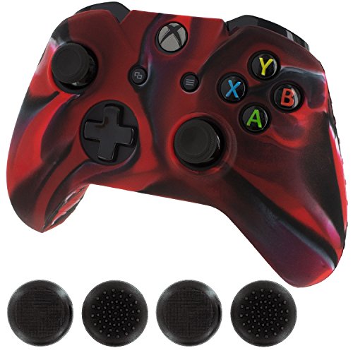 Silicone Skin Protective Cover for XBOX One Controller [Camouflage Red + Black Caps]