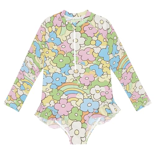 ALAZA Swimsuit for Girls Long Sleeve Rashguard Bathing Suit Cartoon Flower Rainbow Quick Dry 4T