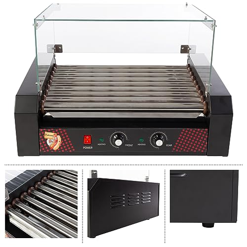Image of Hot Dog Roller Machine with Cover - 1170W Stainless-Steel Cooker with 9 Rollers - 24 Hotdog Capacity Electric Grill by Great Northern Popcorn