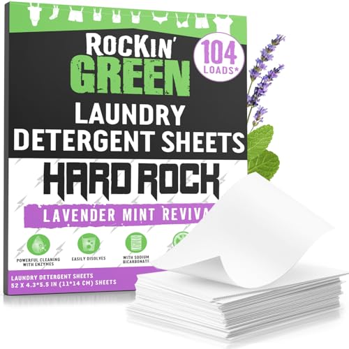 Rockin' Green Hard Rock Travel Laundry Detergent Sheets for Hard Water - Mess-Free Laundry Sheet Detergent with Sodium Bicarbonate - Easily Dissolvable Laundry Soap Sheets (104 Loads, Lavender Mint)