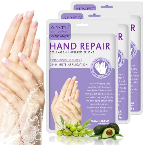 Hands Moisturizing Gloves 3 Pairs, Hand Skin Repair Renew Mask w/Infused Collagen, Vitamins + Natural Plant Extracts for Dry, Aging, Cracked Hands Intense Skin Nutrition Hand Cream Mask