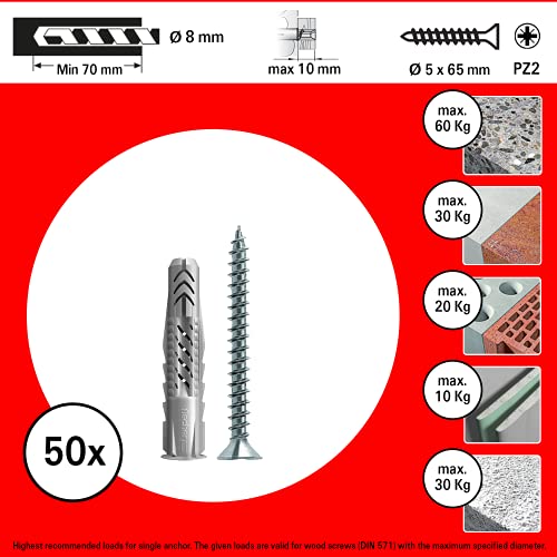 Fischer 50 Dübel UX mit Schraube, Mauern, Lochstein, Gipskarton, 542456, grau, 8 x 50 mm Con Vite, Stück