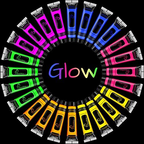 NewWay Glow in the Dark Paint Luminous Neon Body Paint 24 Tubes -1 FL.OZ Party Supplies Black light Paint Water Soluble UV Light Make Up for Halloween Party 6 Color