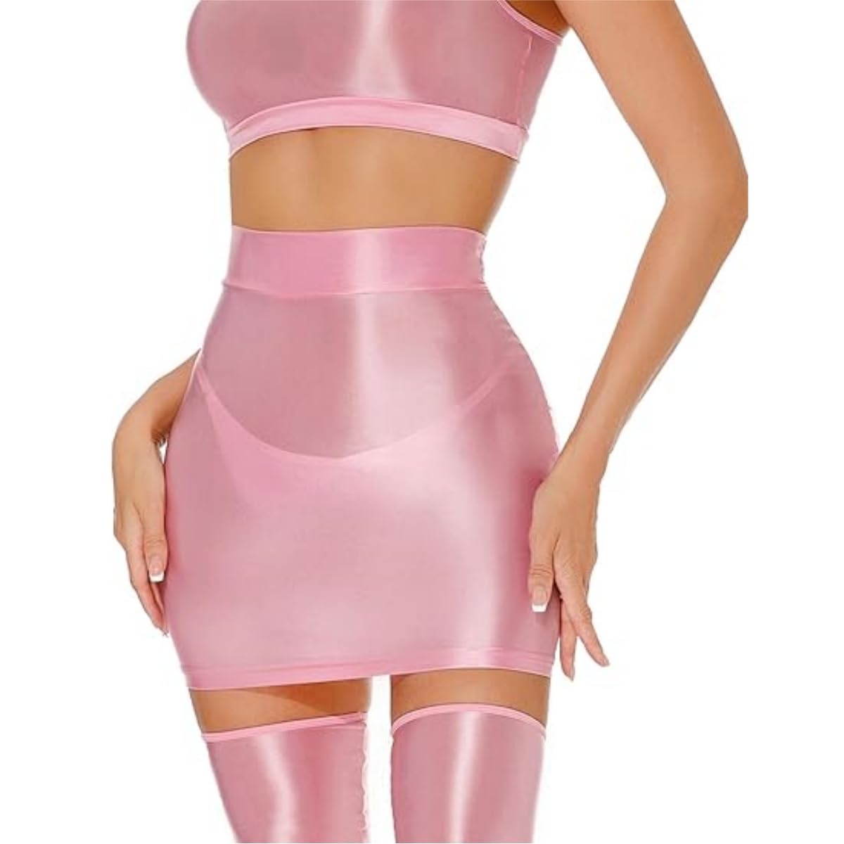 Hybursky Women's Pink Glossy Mini Skirts, Sexy Shiny High Waist Bodycon Pencil Skirt, Sheer See Through Slim Fit Plain Hip Short Skirts, Elastic Wet Look Neon Hot Skirt Slips For Rave Party Nightclub Clubwear