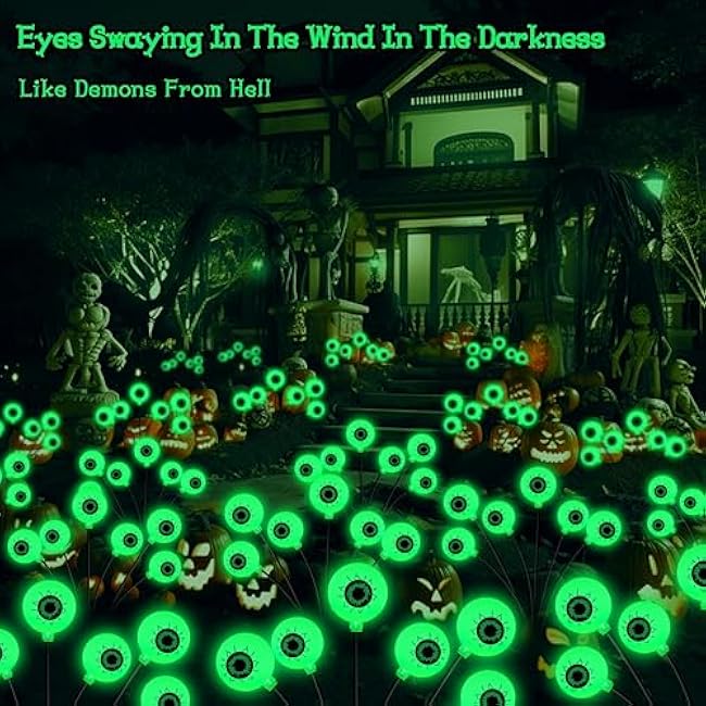 Kohlrabi Halloween Decorations Outdoor, 4 Pack 24 LED Solar Scary Eyeball Swaying Lights, Green Solar Firefly Lights Waterproof Outdoor Garden Light for Halloween Yard Garden Lawn Party Flower Bed
