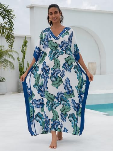 Image of KECVOT Kaftan Dresses for Women V-Neck Print Swimsuit Cover Up Plus Size Beach Caftan Lounge Dress