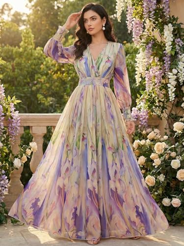 Image of TOLEEN Summer Casual Dresses for Women 2024 Spring Fashion Boho V Neck Long Sleeve Ruffle Floral Print Elegant Maxi Dress