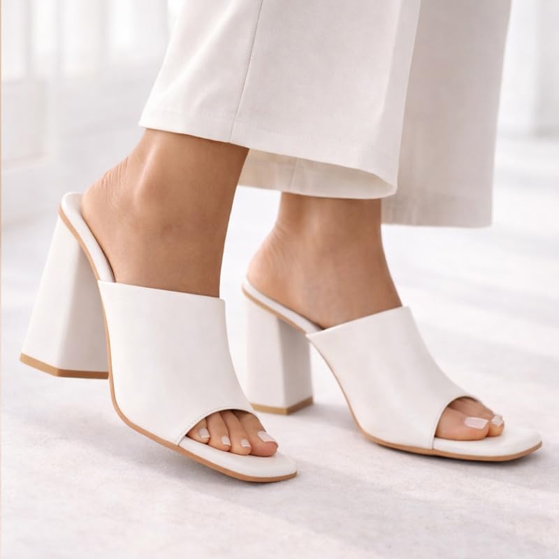 Image of FAUSTO Women Open Square Toe Cone Block Heel Formal Slip On Sandals with Wide Vamp Strap | Elegant Slip-On 4 Inch Heel Sandals For Office, Work, Party