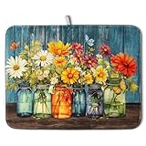 Daisy Dish Drying Mat for Kitchen Counter 18x24 Inch Rustic Vintage Flower Vases Drying Mats Microfiber Absorbent Dishes Drainer Mats Farmhouse Floral Wooden Board Dish Rack Pad