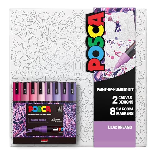 POSCA Canvas Paint by Number Kit, Lilac Dream - 8 Acrylic Markers with 2 Pre-Drawn Canvases - Gift Set for Artists, Adults and Kids
