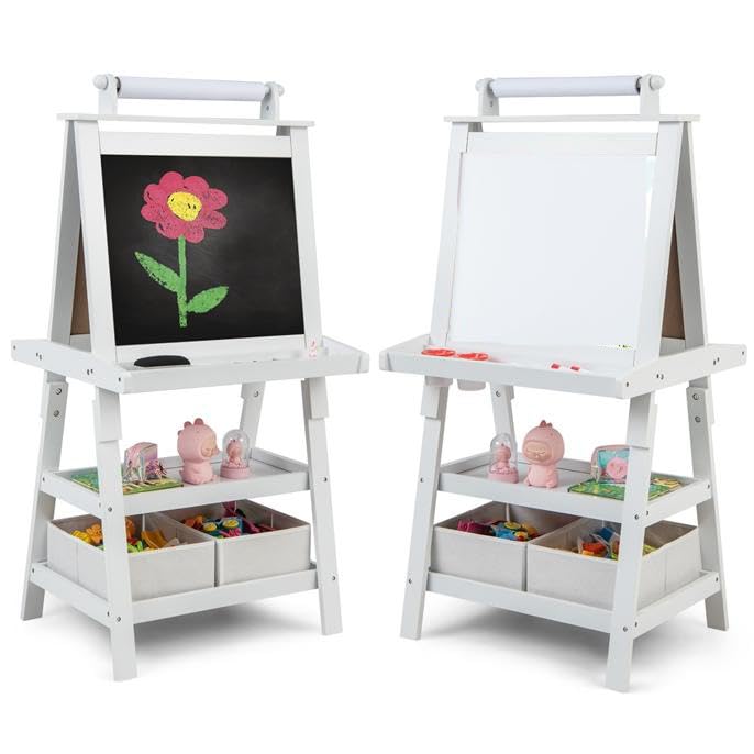 Image of GLACER All-in-One Double Sided Painting Easel for Kids with 2 Storage Bins, Paper Roll, Magnetic Whiteboard & Chalkboard, Gift for Boys & Girls (White)