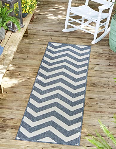Rugs.com Outdoor Coastal Collection Rug – 2' x 8' Runner Navy Blue Flatweave Rug Perfect for Hallways, Entryways